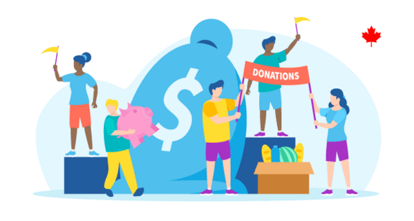 Illustration of people collecting donations with a money bag