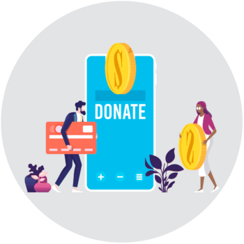 illustration of individuals donating using money and a credit card