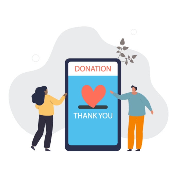 Illustration of two people with a phone with a donation being added online